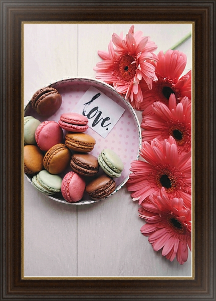 Постер Цветы и печенье макарон с типом исполнения На холсте в раме в багетной раме 1.023.151