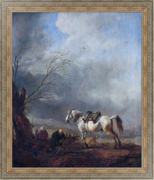 Постер Белая лошадь и престарелый мужчина, связывающий дрова с типом исполнения На холсте в раме в багетной раме 484.M48.310
