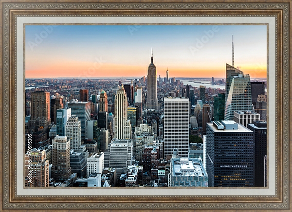Постер США. Нью-Йорк. Закат на Манхеттене с типом исполнения На холсте в раме в багетной раме 595.M52.330