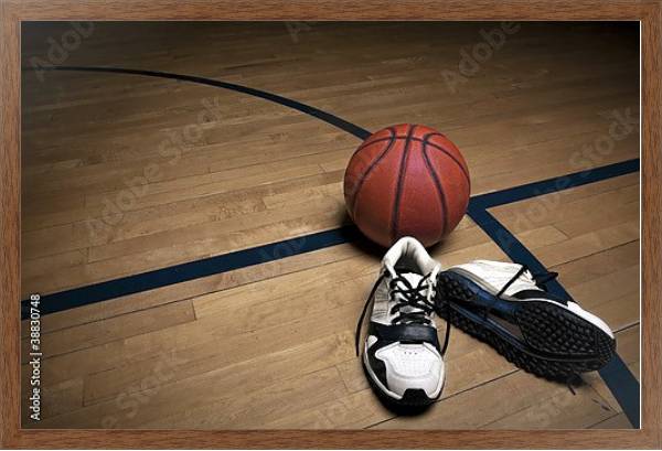 Постер Баскетбольная площадка с мячом и кроссовками с типом исполнения На холсте в раме в багетной раме 1727.4310