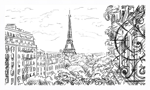 Постер Париж в Ч/Б рисунках #44 с типом исполнения На холсте в раме в багетной раме 221-03