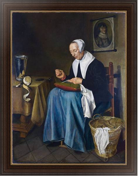Постер Престарелая женщина за шитьем с типом исполнения На холсте в раме в багетной раме 1.023.151