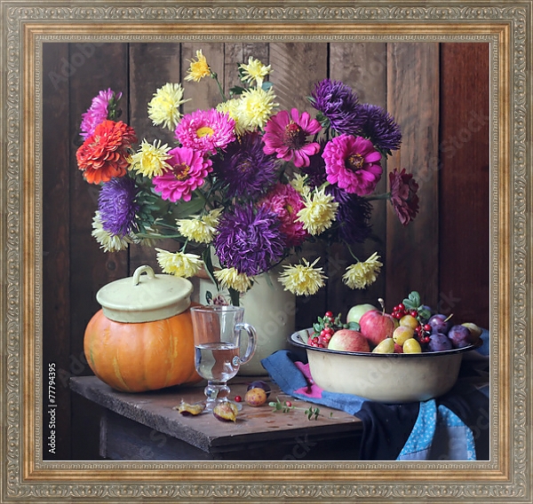 Постер Большой натюрморт с осенними цветами и плодами с типом исполнения На холсте в раме в багетной раме 484.M48.310