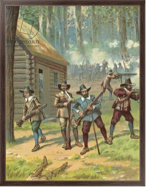 Постер The Pilgrims Fighting the Indians с типом исполнения На холсте в раме в багетной раме 221-02