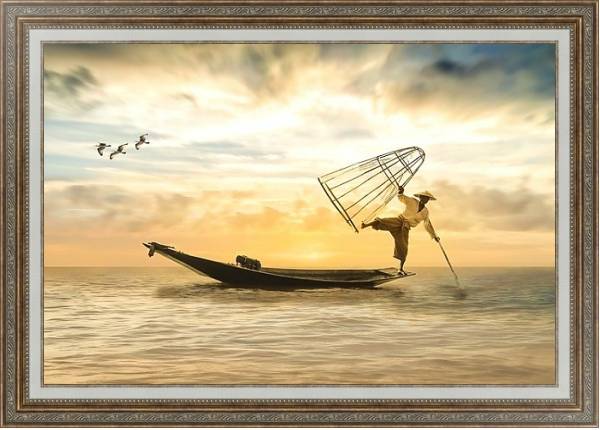 Постер Азиатский рыбак в лодке с сетью с типом исполнения На холсте в раме в багетной раме 595.M52.330