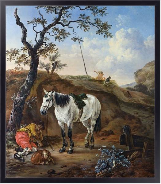 Постер Белая лошадь у спящего мужчины с типом исполнения На холсте в раме в багетной раме 221-01