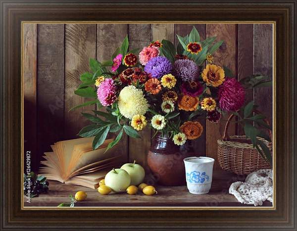 Постер Still life with bouquet, apples, plums and an open book. с типом исполнения На холсте в раме в багетной раме 484.M48.310