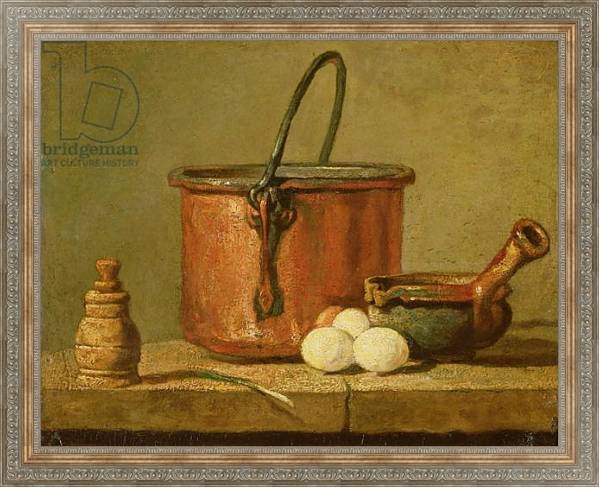 Постер Still Life of Cooking Utensils, Cauldron, Frying Pan and Eggs с типом исполнения На холсте в раме в багетной раме 484.M48.310