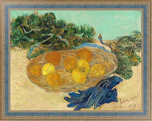 Постер Натюрморт с апельсинами, лимонами и синими перчатками с типом исполнения На холсте в раме в багетной раме 484.M48.685