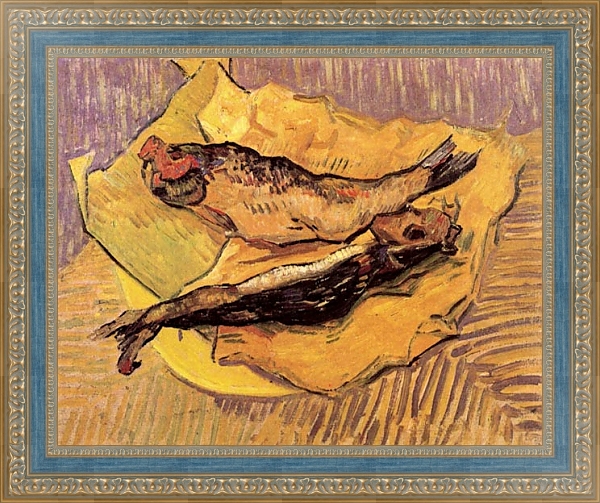 Постер Натюрморт: копченая селедка на куске желтой бумаги с типом исполнения На холсте в раме в багетной раме 484.M48.685