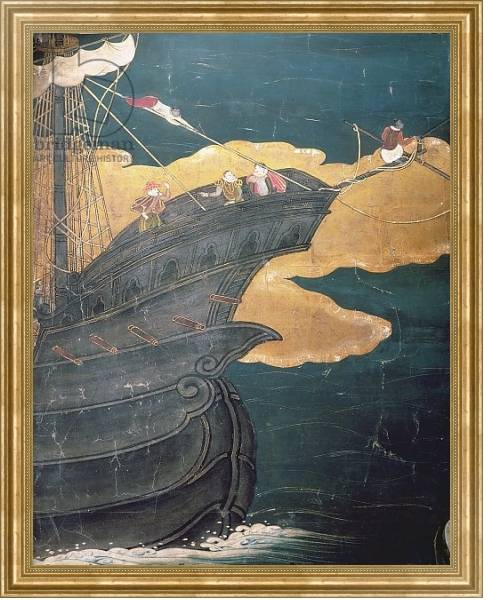Постер The Arrival of the Portuguese in Japan, detail of ship's prow, from a Namban Byobu screen, 1594-1618 с типом исполнения На холсте в раме в багетной раме NA033.1.051