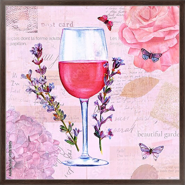 Постер Бокал с вином и цветами лаванды с типом исполнения На холсте в раме в багетной раме 221-02