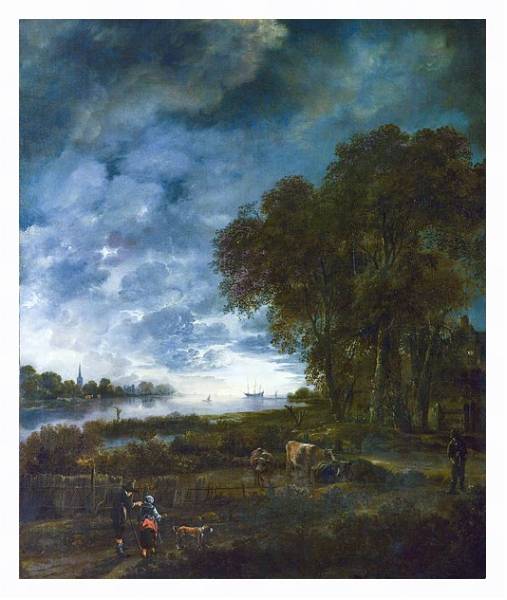 Постер Вечерний пейзаж с рекой с типом исполнения На холсте в раме в багетной раме 221-03