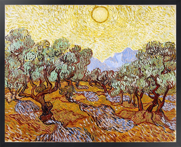 Постер Оливковые деревья с желтым небом и солнцем с типом исполнения На холсте в раме в багетной раме 1727.8010