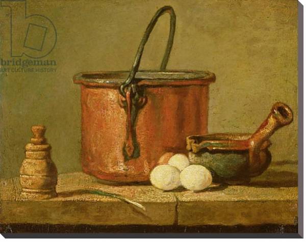 Постер Still Life of Cooking Utensils, Cauldron, Frying Pan and Eggs с типом исполнения На холсте без рамы
