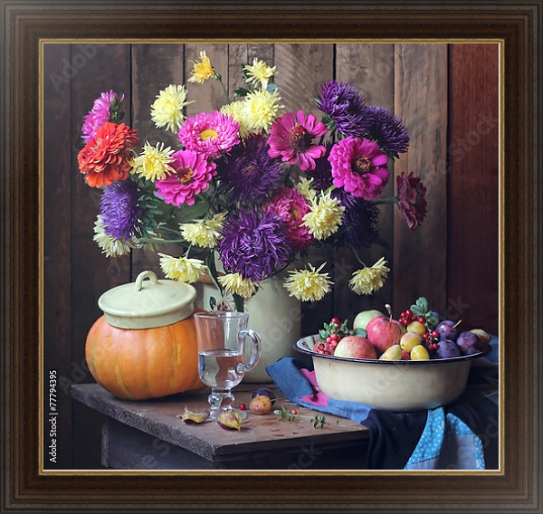 Постер Большой натюрморт с осенними цветами и плодами с типом исполнения На холсте в раме в багетной раме 1.023.151