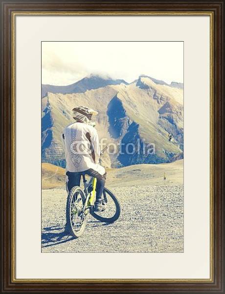 Постер Горный велосипедист на фоне скалы с типом исполнения Под стеклом в багетной раме 1.023.036