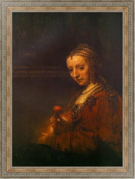 Постер Портрет женщины с алой гвоздикой с типом исполнения На холсте в раме в багетной раме 484.M48.310