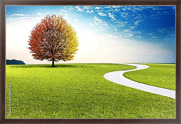 Постер Дерево в нарисованном пейзаже с типом исполнения На холсте в раме в багетной раме 221-02