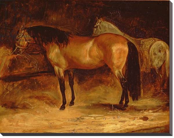 Постер A Bay Horse at a manger, with a grey horse in a rug с типом исполнения На холсте без рамы