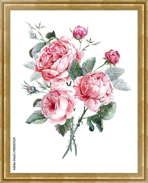 Постер Акварельный букет из розовых роз с типом исполнения На холсте в раме в багетной раме NA033.1.051