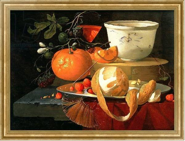 Постер Still life of an orange, a lemon and strawberry on a pewter plate, a wan-li bowl behind с типом исполнения На холсте в раме в багетной раме NA033.1.051