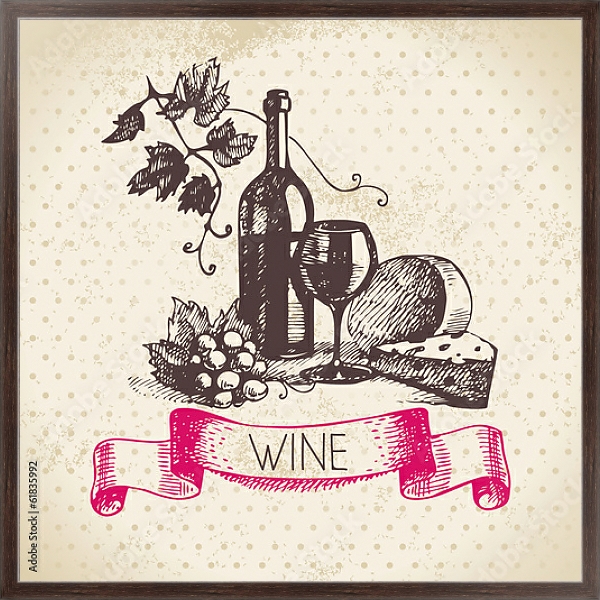 Постер Иллюстрация с вином и сыром с типом исполнения На холсте в раме в багетной раме 221-02
