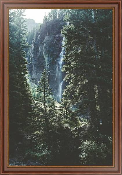 Постер Высокий водопад в еловом лесу с типом исполнения На холсте в раме в багетной раме 35-M719P-83