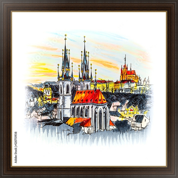 Постер Старый город с храмом на закате в Праге, Чехия, эскиз с типом исполнения На холсте в раме в багетной раме 1.023.151