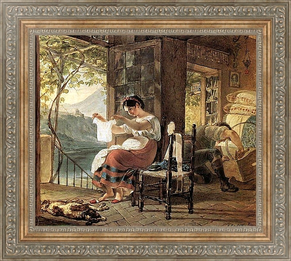 Постер Итальянка, ожидающая ребенка, разглядывает рубашку, муж сколачивает колыбель. 1831 с типом исполнения На холсте в раме в багетной раме 484.M48.310