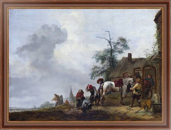 Постер Подковывание лошади у деревенской кузницы с типом исполнения На холсте в раме в багетной раме 35-M719P-83
