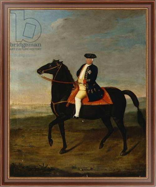 Постер King Frederick William I on Horseback with Potsdam in the background, c.1735 с типом исполнения На холсте в раме в багетной раме 35-M719P-83
