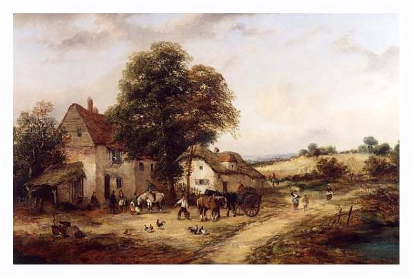 Постер Двор фермы с людьми и лошадьми с типом исполнения На холсте в раме в багетной раме 221-03