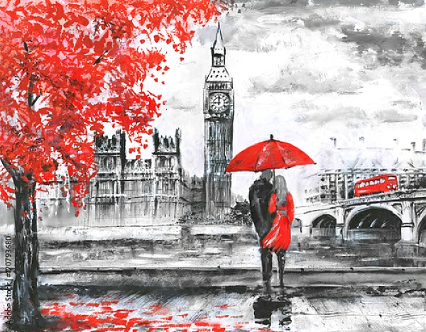Постер Пара под красным зонтиком в Лондоне с типом исполнения На холсте без рамы
