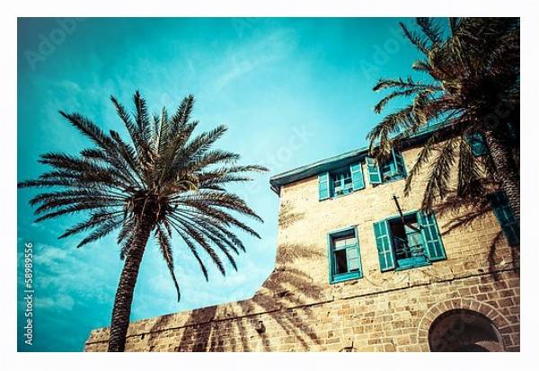 Постер Дом с пальмами в Яффо, на юге старой части Тель-Авива, Израиль с типом исполнения На холсте в раме в багетной раме 221-03