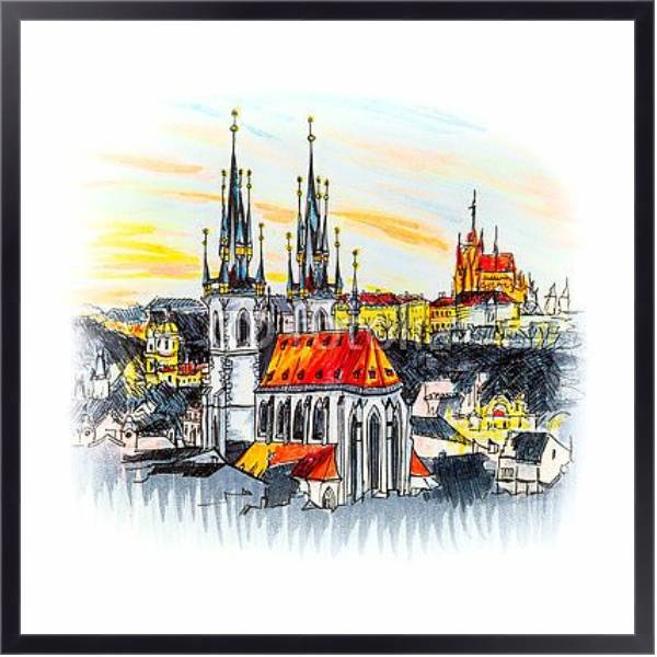 Постер Старый город с храмом на закате в Праге, Чехия, эскиз с типом исполнения На холсте в раме в багетной раме 221-01