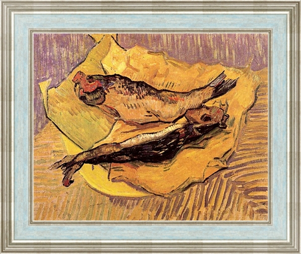 Постер Натюрморт: копченая селедка на куске желтой бумаги с типом исполнения На холсте в раме в багетной раме NA053.0.114