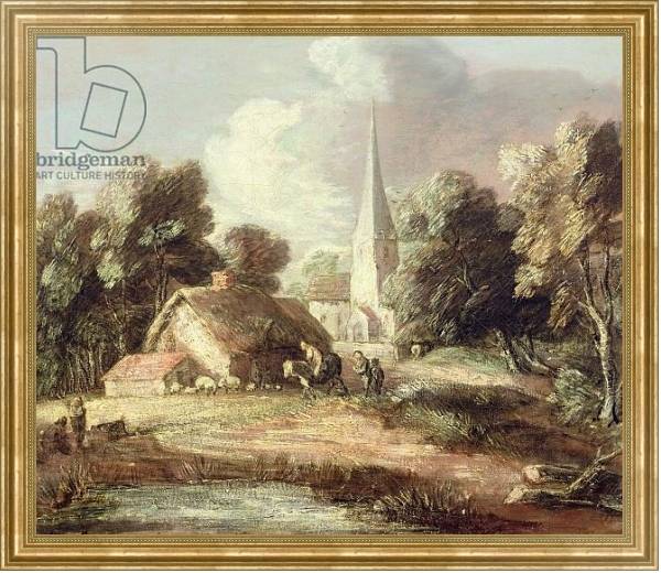 Постер Landscape with a Church, Cottage, Villagers and Animals, c.1771-2 с типом исполнения На холсте в раме в багетной раме NA033.1.051