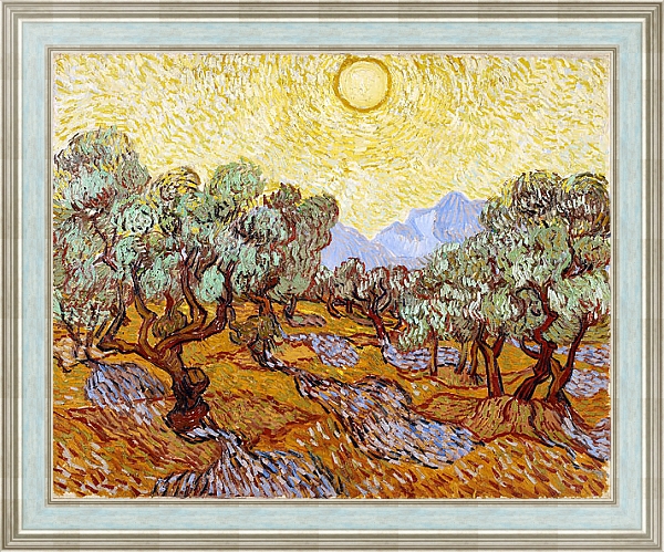 Постер Оливковые деревья с желтым небом и солнцем с типом исполнения На холсте в раме в багетной раме NA053.0.114