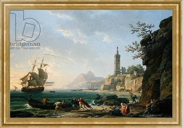 Постер A Coastal Mediterranean Landscape with a Dutch Merchantman in a Bay, 1769 с типом исполнения На холсте в раме в багетной раме NA033.1.051