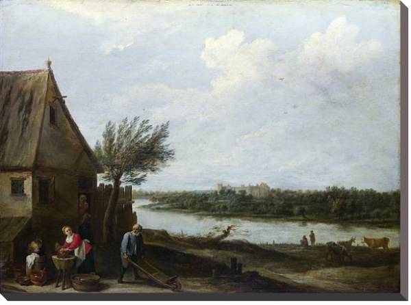 Постер Домик у реки и замок вдалеке с типом исполнения На холсте без рамы