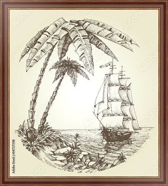 Постер Парусник на морском тропическом побережье с типом исполнения На холсте в раме в багетной раме 35-M719P-83