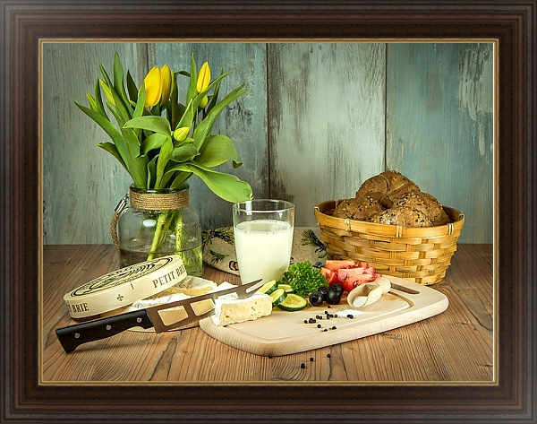 Постер Завтрак с сыром, овощами и молоком с типом исполнения На холсте в раме в багетной раме 1.023.151