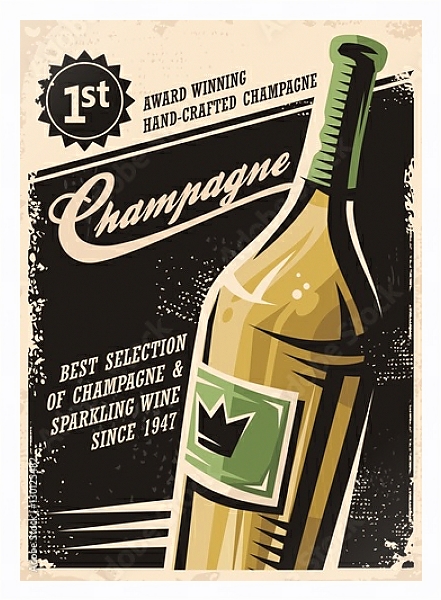 Постер Champagne vintage poster design with bottle and creative typo on dark background с типом исполнения На холсте в раме в багетной раме 221-03