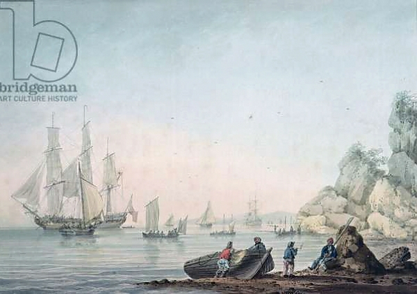 Постер Marine View, with boat and figures on a shore с типом исполнения На холсте без рамы