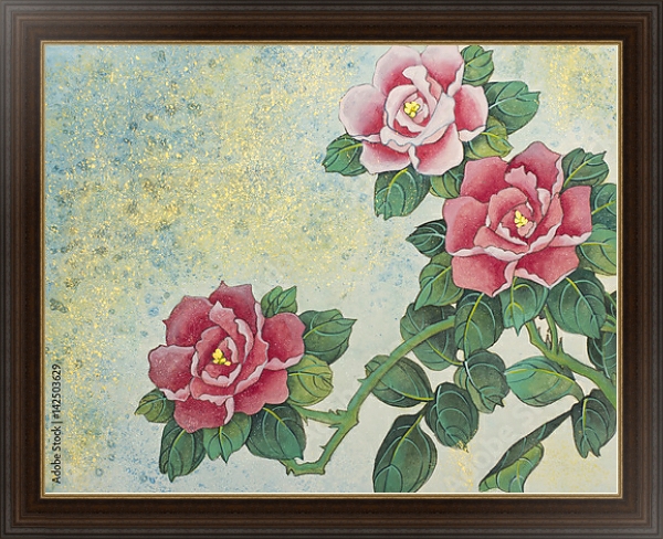 Постер Цветущий куст с тремя красными розами с типом исполнения На холсте в раме в багетной раме 1.023.151