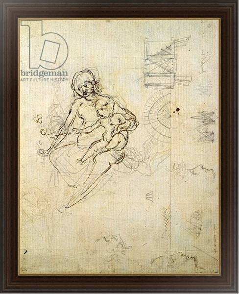 Постер Studies for a Virgin and Child and of Heads in Profile and Machines, c.1478-80 с типом исполнения На холсте в раме в багетной раме 1.023.151