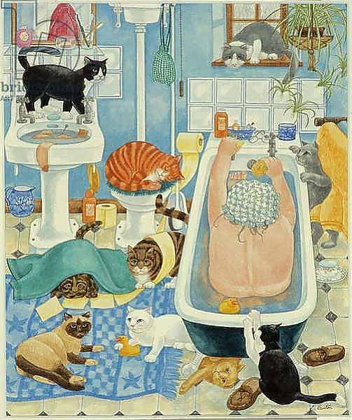 Постер Grandma and 10 cats in the bathroom с типом исполнения На холсте без рамы