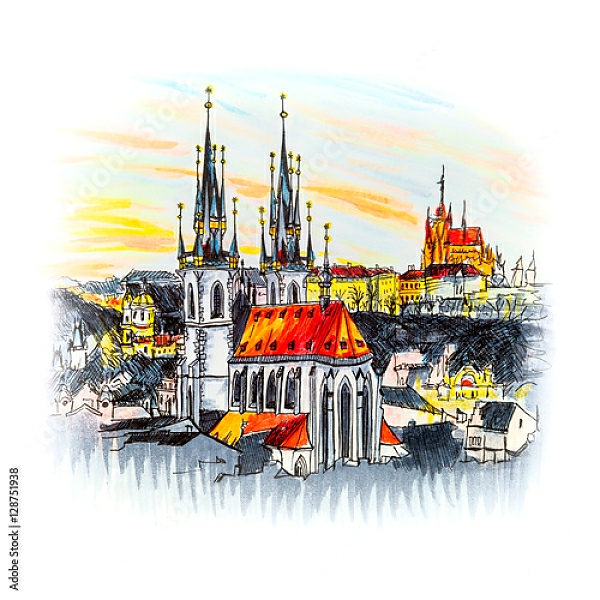 Постер Старый город с храмом на закате в Праге, Чехия, эскиз с типом исполнения На холсте без рамы
