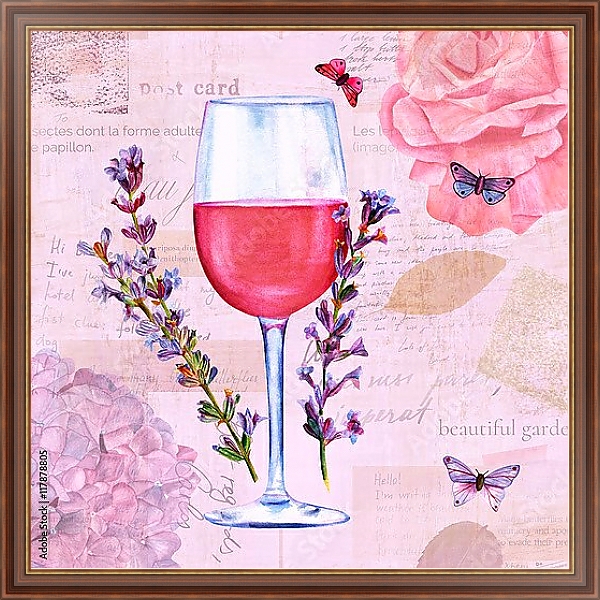 Постер Бокал с вином и цветами лаванды с типом исполнения На холсте в раме в багетной раме 35-M719P-83